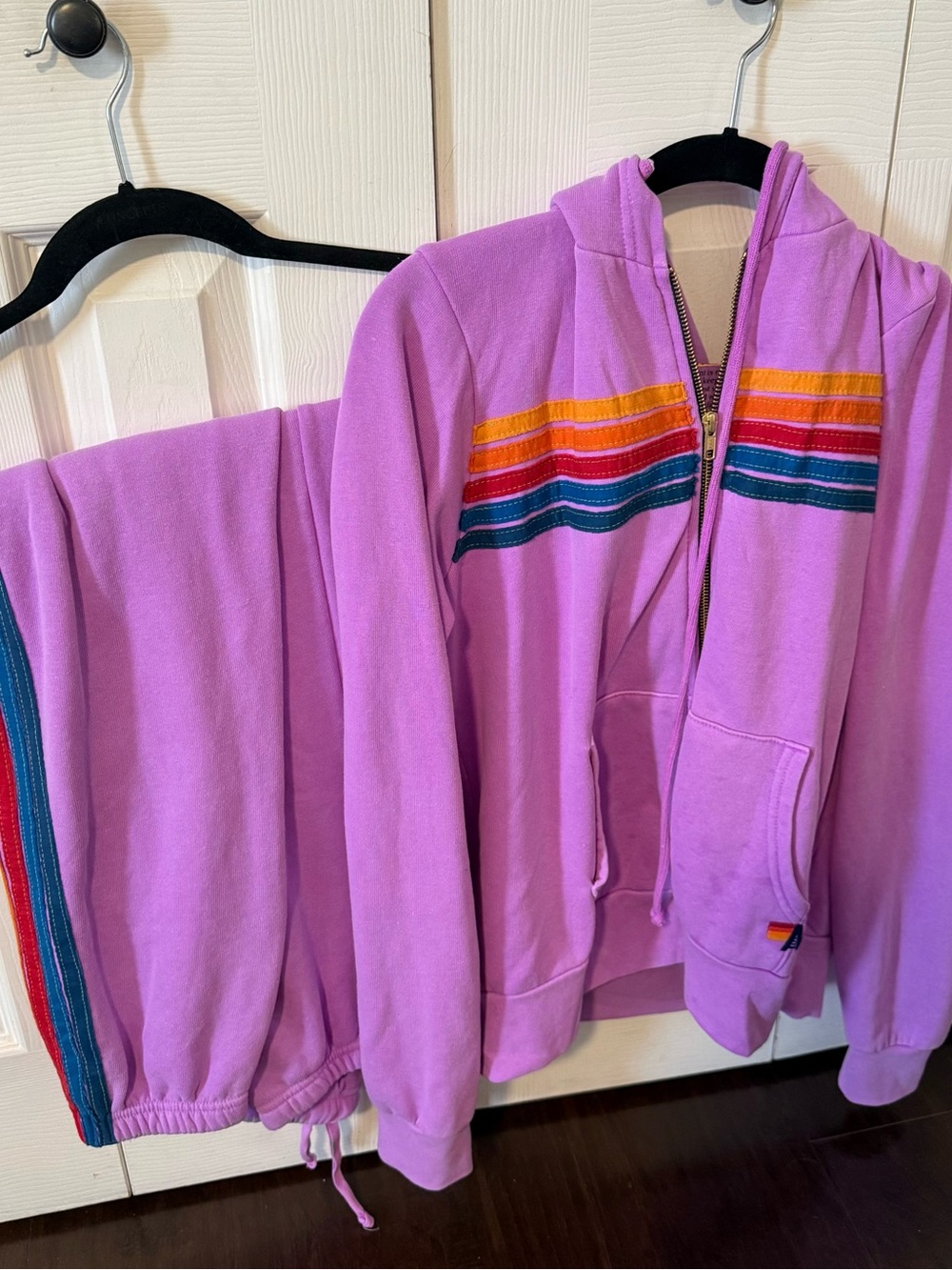 Aviator Nation Lilac Zip Hoodie & Joggers with Rainbow Stripes
